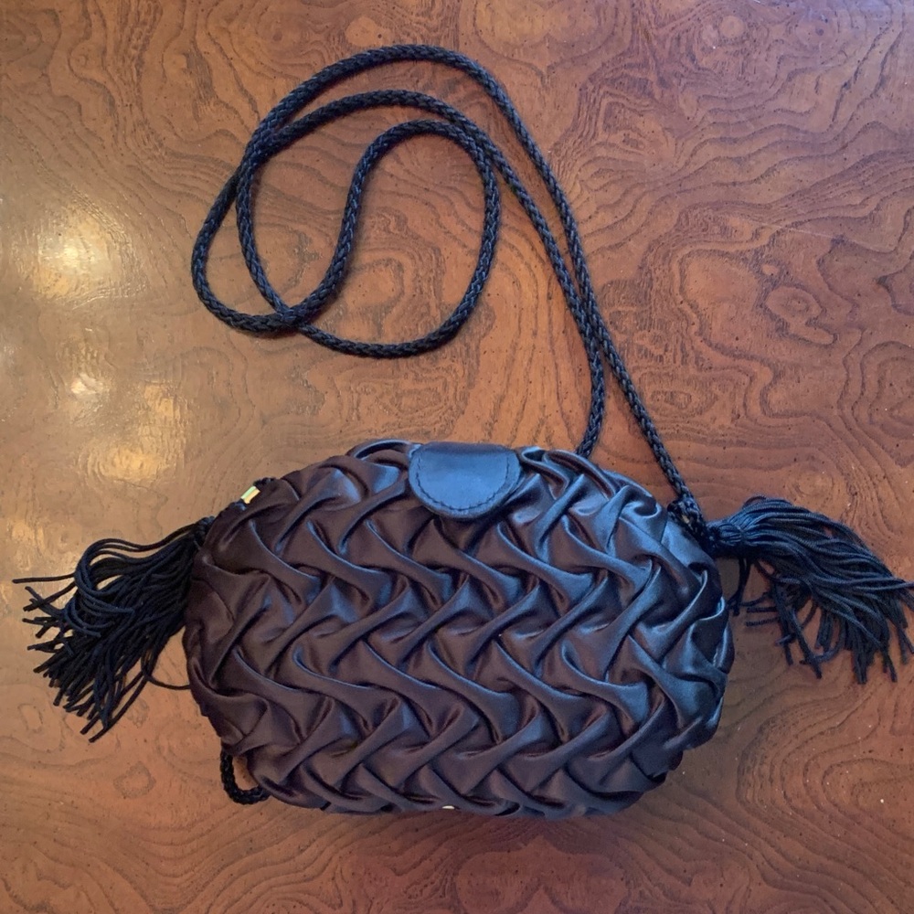 Vintage Collectable La Regale Black Woven Ruched Satin Evening Bag with Tassels